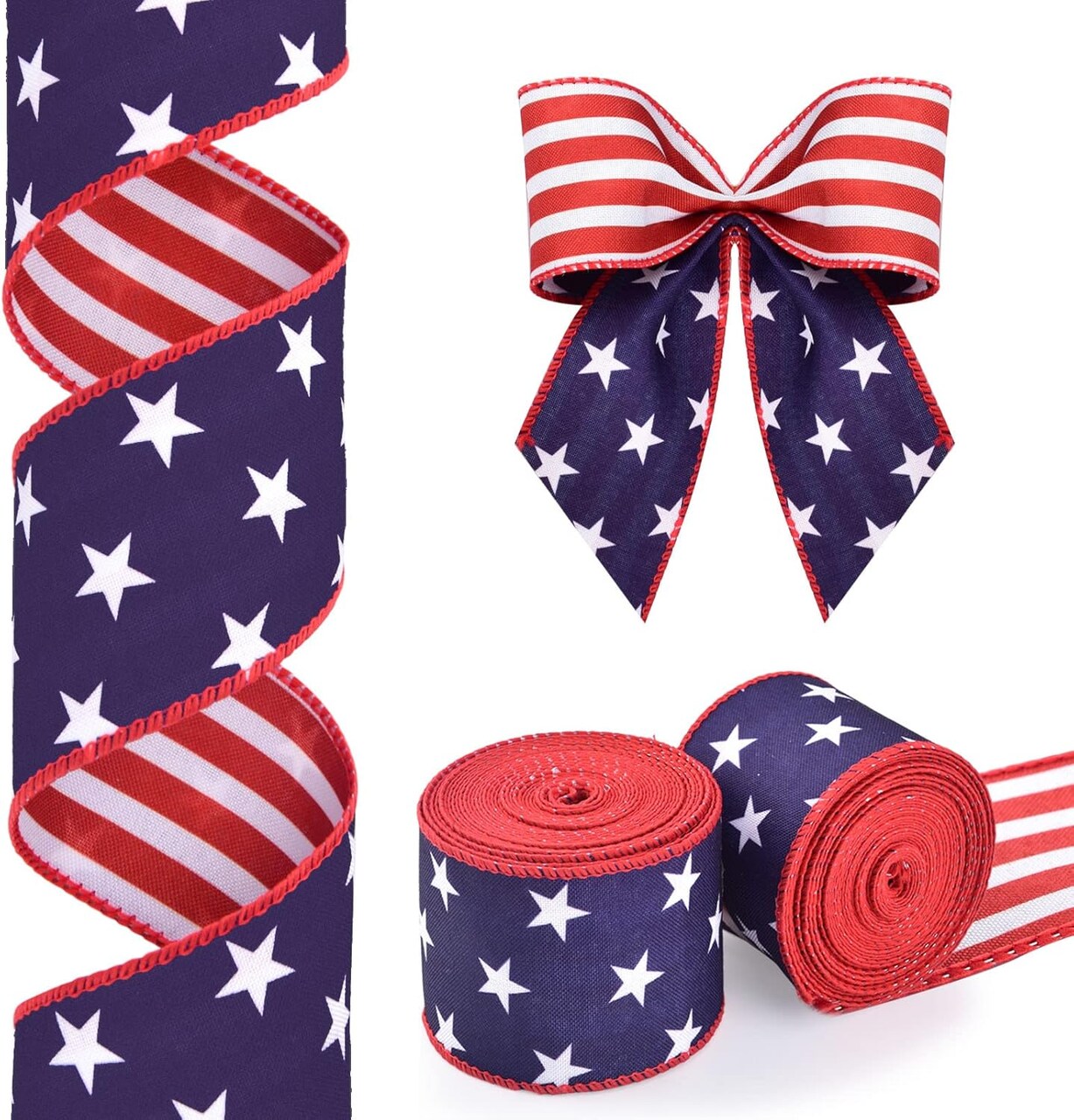 2 Rolls Patriotic Wired Edge Ribbon Stars and Stripes Reversible Ribbons Red White Blue Decorative Ribbon for 4th of July